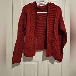 Cozy Red Cable Knit Hooded Sweater Cardigan